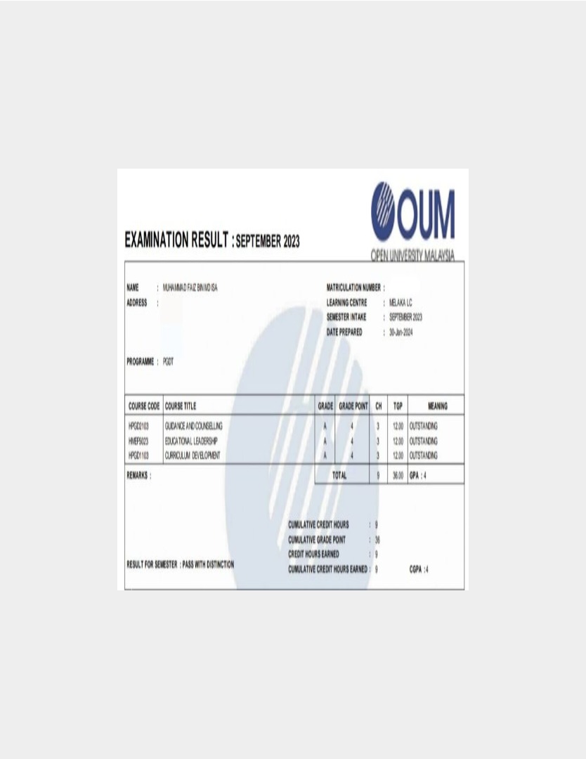 OUM academic transcript