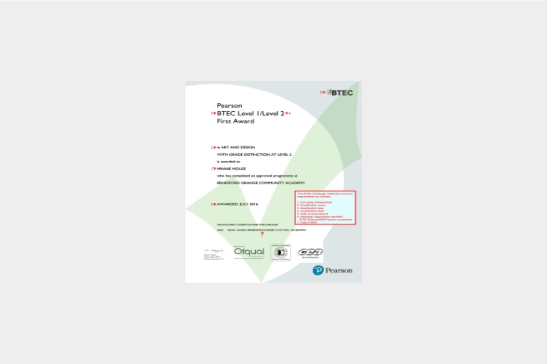 Pearson BTEC certificate
