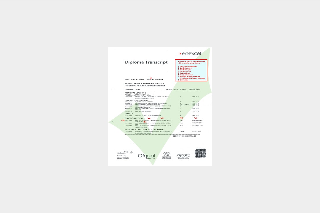Pearson Edexcel GCE transcript