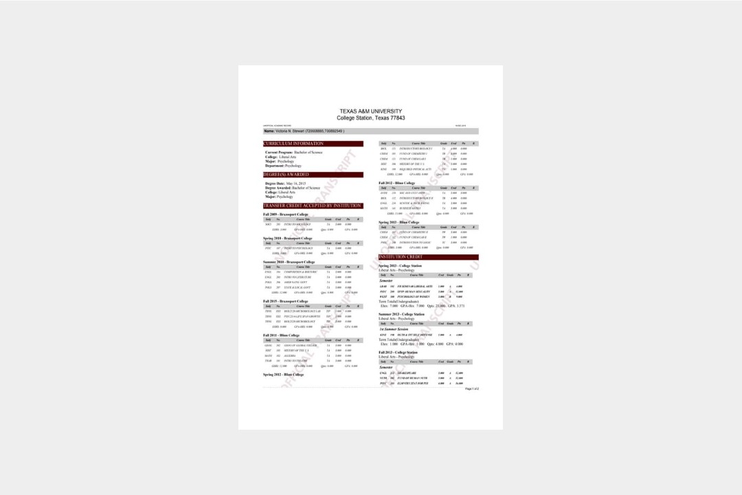 TAMU official transcript