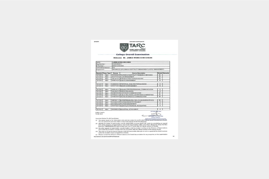 TARC academic transcript