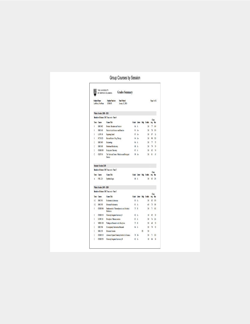UBC academic transcript